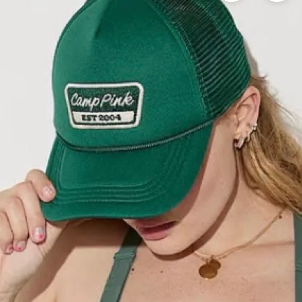 Pink Victoria's Secret Forest Green Trucker Hat